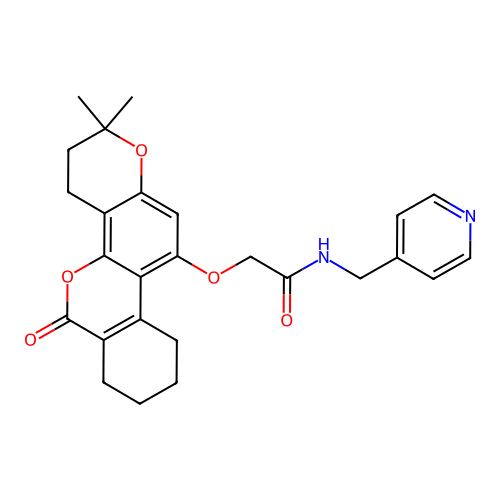 2-((2,2-dimethyl-6-oxo-2,3,4,6,7,8,9,10-octahydrobenzo[c]pyrano[2,3-h]chromen-11-yl)oxy)-N-(pyridin-4-ylmethyl)acetamide structure