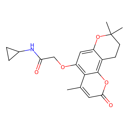 N-cyclopropyl-2-[(4,8,8-trimethyl-2-oxo-9,10-dihydropyrano[2,3-h]chromen-5-yl)oxy]acetamide structure