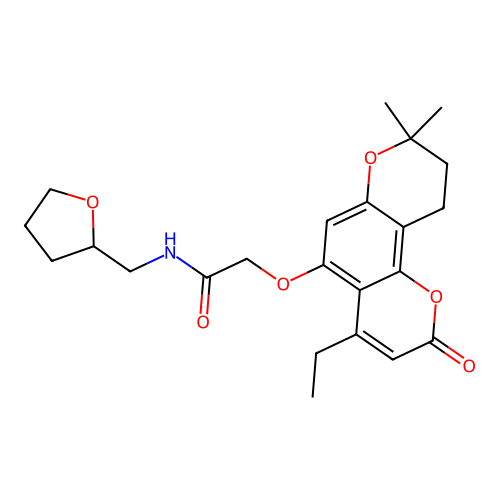 2-((4-ethyl-8,8-dimethyl-2-oxo-2,8,9,10-tetrahydropyrano[2,3-f]chromen-5-yl)oxy)-N-((tetrahydrofuran-2-yl)methyl)acetamide structure