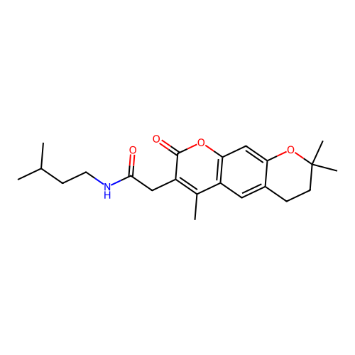 N-isopentyl-2-(4,8,8-trimethyl-2-oxo-2,6,7,8-tetrahydropyrano[3,2-g]chromen-3-yl)acetamide structure