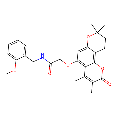 N-(2-methoxybenzyl)-2-((3,4,8,8-tetramethyl-2-oxo-2,8,9,10-tetrahydropyrano[2,3-f]chromen-5-yl)oxy)acetamide structure