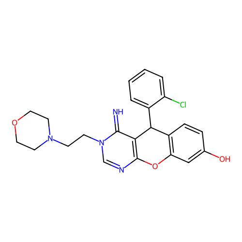 5-(2-chlorophenyl)-4-imino-3-[2-(morpholin-4-yl)ethyl]-3,5-dihydro-4H-chromeno[2,3-d]pyrimidin-8-ol structure