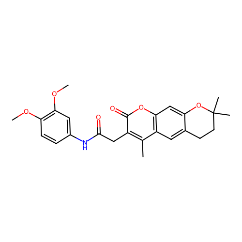 N-(3,4-dimethoxyphenyl)-2-(4,8,8-trimethyl-2-oxo-2,6,7,8-tetrahydropyrano[3,2-g]chromen-3-yl)acetamide structure