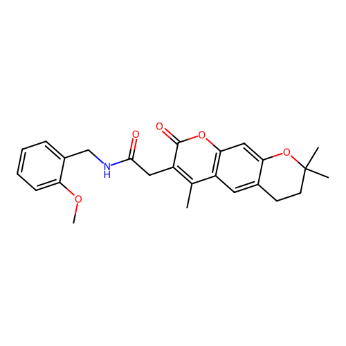 N-(2-methoxybenzyl)-2-(4,8,8-trimethyl-2-oxo-2,6,7,8-tetrahydropyrano[3,2-g]chromen-3-yl)acetamide structure