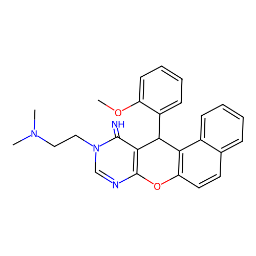 2-(11-imino-12-(2-methoxyphenyl)-11,12-dihydro-10H-benzo[5,6]chromeno[2,3-d]pyrimidin-10-yl)-N,N-dimethylethanamine structure