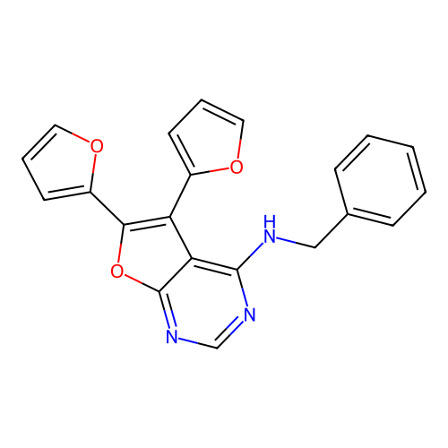 N-benzyl-5,6-di(furan-2-yl)furo[2,3-d]pyrimidin-4-amine structure
