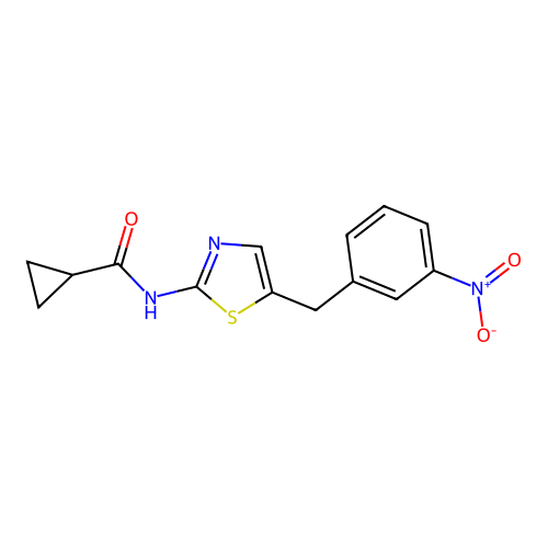 N-[5-[(3-nitrophenyl)methyl]-1,3-thiazol-2-yl]cyclopropanecarboxamide structure