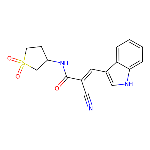 (E)-2-cyano-N-(1,1-dioxidotetrahydrothiophen-3-yl)-3-(1H-indol-3-yl)acrylamide structure