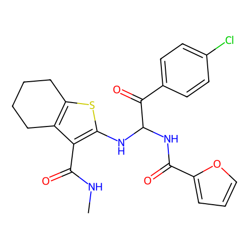 N-[2-(4-chlorophenyl)-1-{[3-(methylcarbamoyl)-4,5,6,7-tetrahydro-1-benzothiophen-2-yl]amino}-2-oxoethyl]furan-2-carboxamide structure