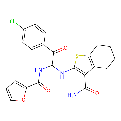 N-{1-[(3-carbamoyl-4,5,6,7-tetrahydro-1-benzothiophen-2-yl)amino]-2-(4-chlorophenyl)-2-oxoethyl}furan-2-carboxamide structure