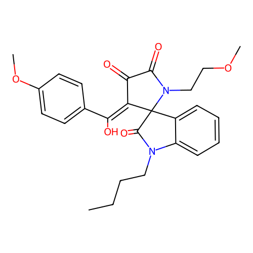 1-butyl-4'-[hydroxy-(4-methoxyphenyl)methylidene]-1'-(2-methoxyethyl)spiro[indole-3,5'-pyrrolidine]-2,2',3'-trione structure