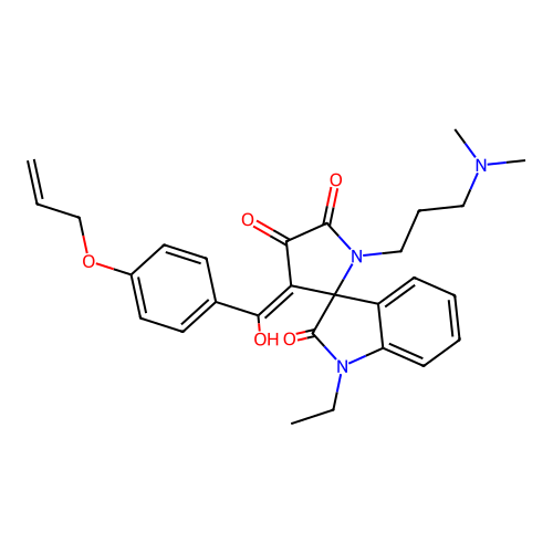 1'-[3-(dimethylamino)propyl]-1-ethyl-4'-[hydroxy-(4-prop-2-enoxyphenyl)methylidene]spiro[indole-3,5'-pyrrolidine]-2,2',3'-trione structure