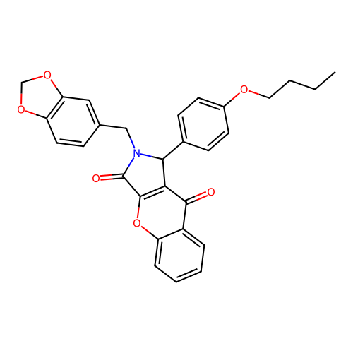 2-(1,3-benzodioxol-5-ylmethyl)-1-(4-butoxyphenyl)-1,2-dihydrochromeno[2,3-c]pyrrole-3,9-dione structure
