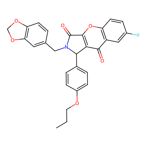 2-(1,3-benzodioxol-5-ylmethyl)-7-fluoro-1-(4-propoxyphenyl)-1,2-dihydrochromeno[2,3-c]pyrrole-3,9-dione structure