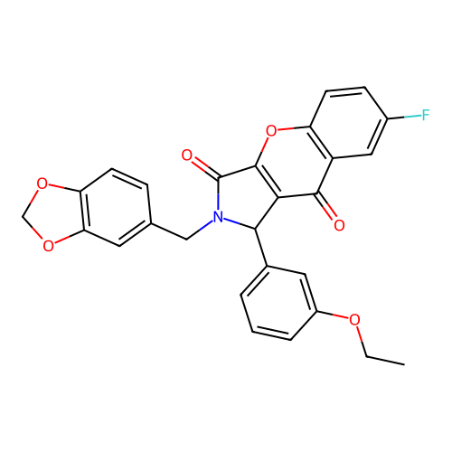 2-(1,3-benzodioxol-5-ylmethyl)-1-(3-ethoxyphenyl)-7-fluoro-1,2-dihydrochromeno[2,3-c]pyrrole-3,9-dione structure