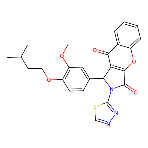 1-[3-methoxy-4-(3-methylbutoxy)phenyl]-2-(1,3,4-thiadiazol-2-yl)-1,2-dihydrochromeno[2,3-c]pyrrole-3,9-dione structure
