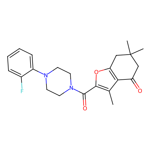 2-{[4-(2-fluorophenyl)piperazin-1-yl]carbonyl}-3,6,6-trimethyl-6,7-dihydro-1-benzofuran-4(5H)-one structure