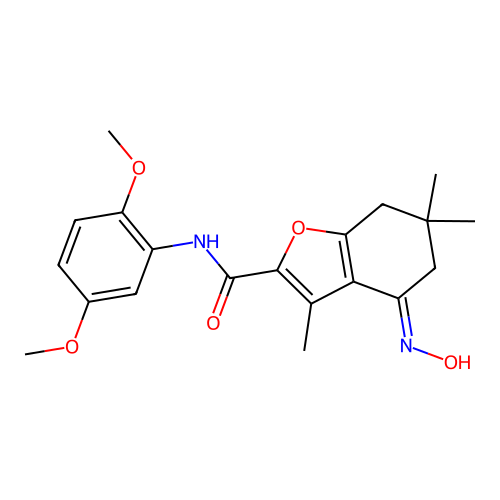 (4Z)-N-(2,5-dimethoxyphenyl)-4-(hydroxyimino)-3,6,6-trimethyl-4,5,6,7-tetrahydro-1-benzofuran-2-carboxamide structure