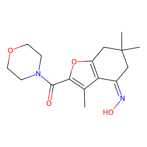 (Z)-(4-(hydroxyimino)-3,6,6-trimethyl-4,5,6,7-tetrahydrobenzofuran-2-yl)(morpholino)methanone structure