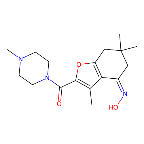 (4-hydroxyimino-3,6,6-trimethyl-5,7-dihydrobenzofuran-2-yl)-(4-methylpiperazin-1-yl)methanone structure