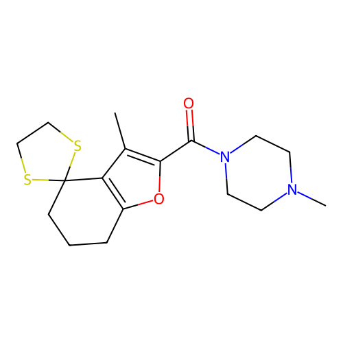 (3-methyl-6,7-dihydro-5H-spiro[1-benzofuran-4,2'-[1,3]dithiolan]-2-yl)(4-methylpiperazin-1-yl)methanone structure