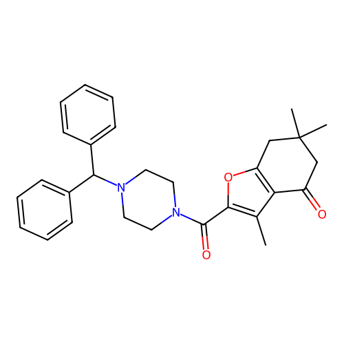 2-{[4-(diphenylmethyl)piperazin-1-yl]carbonyl}-3,6,6-trimethyl-6,7-dihydro-1-benzofuran-4(5H)-one structure