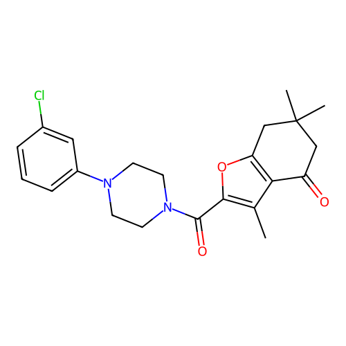 2-{[4-(3-chlorophenyl)piperazin-1-yl]carbonyl}-3,6,6-trimethyl-6,7-dihydro-1-benzofuran-4(5H)-one structure