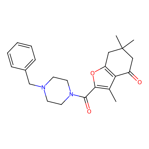 2-[(4-benzylpiperazin-1-yl)carbonyl]-3,6,6-trimethyl-6,7-dihydro-1-benzofuran-4(5H)-one structure
