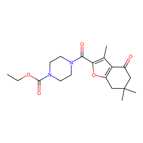 ethyl 4-[(3,6,6-trimethyl-4-oxo-4,5,6,7-tetrahydro-1-benzofuran-2-yl)carbonyl]piperazine-1-carboxylate structure