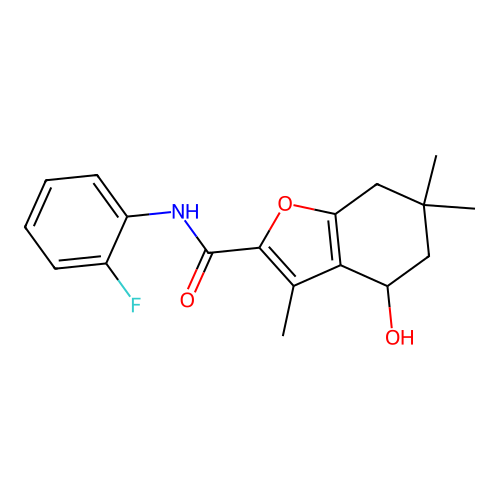 N-(2-fluorophenyl)-4-hydroxy-3,6,6-trimethyl-4,5,6,7-tetrahydro-1-benzofuran-2-carboxamide structure