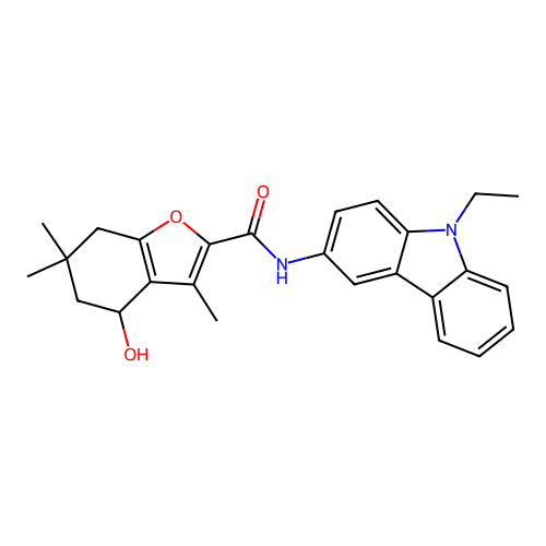 N-(9-ethyl-9H-carbazol-3-yl)-4-hydroxy-3,6,6-trimethyl-4,5,6,7-tetrahydro-1-benzofuran-2-carboxamide structure