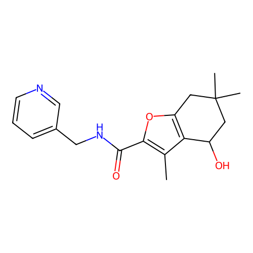 4-hydroxy-3,6,6-trimethyl-N-(pyridin-3-ylmethyl)-4,5,6,7-tetrahydro-1-benzofuran-2-carboxamide structure