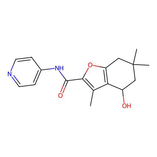 4-hydroxy-3,6,6-trimethyl-N-(pyridin-4-yl)-4,5,6,7-tetrahydro-1-benzofuran-2-carboxamide structure