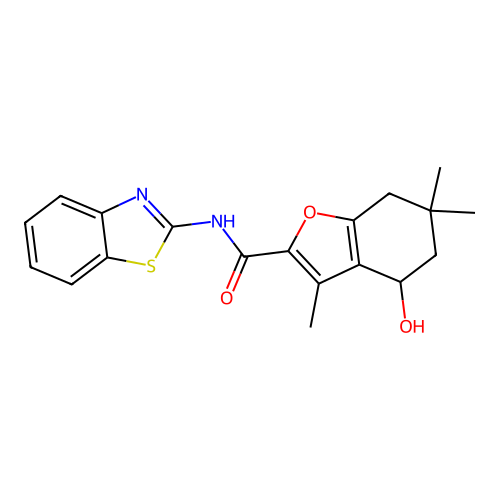 N-(1,3-benzothiazol-2-yl)-4-hydroxy-3,6,6-trimethyl-4,5,6,7-tetrahydro-1-benzofuran-2-carboxamide structure