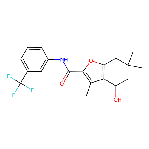 4-hydroxy-3,6,6-trimethyl-N-[3-(trifluoromethyl)phenyl]-4,5,6,7-tetrahydro-1-benzofuran-2-carboxamide structure
