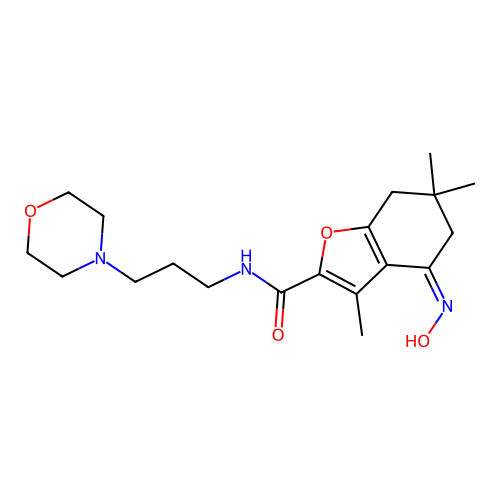 (4Z)-4-(hydroxyimino)-3,6,6-trimethyl-N-[3-(morpholin-4-yl)propyl]-4,5,6,7-tetrahydro-1-benzofuran-2-carboxamide structure