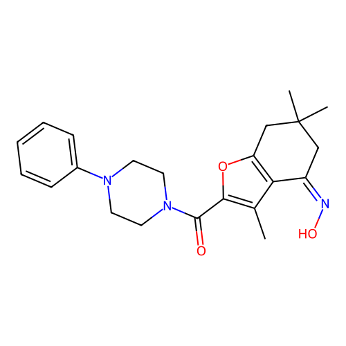 (Z)-(4-(hydroxyimino)-3,6,6-trimethyl-4,5,6,7-tetrahydrobenzofuran-2-yl)(4-phenylpiperazin-1-yl)methanone structure