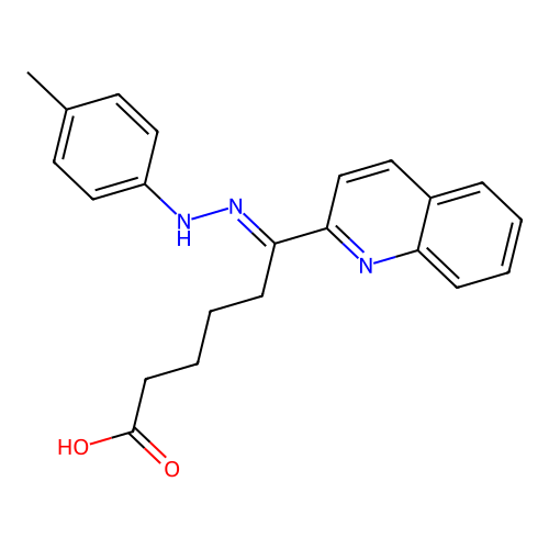 (6E)-6-[2-(4-methylphenyl)hydrazinylidene]-6-(quinolin-2-yl)hexanoic acid structure