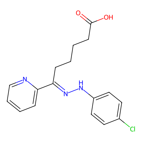 (6E)-6-[2-(4-chlorophenyl)hydrazinylidene]-6-(pyridin-2-yl)hexanoic acid structure