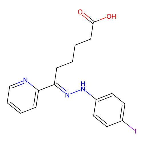 (6E)-6-[2-(4-iodophenyl)hydrazinylidene]-6-(pyridin-2-yl)hexanoic acid structure