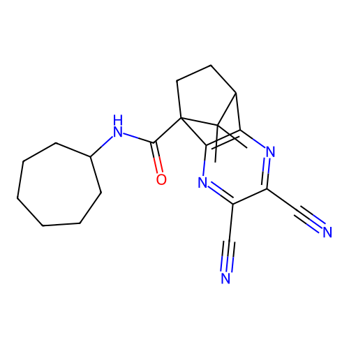 2,3-dicyano-N-cycloheptyl-9,9-dimethyl-7,8-dihydro-5,8-methanoquinoxaline-5(6H)-carboxamide structure