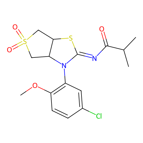 N-[(2E)-3-(5-chloro-2-methoxyphenyl)-5,5-dioxidotetrahydrothieno[3,4-d][1,3]thiazol-2(3H)-ylidene]-2-methylpropanamide structure