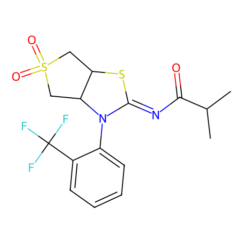 N-[(2Z)-5,5-dioxido-3-[2-(trifluoromethyl)phenyl]tetrahydrothieno[3,4-d][1,3]thiazol-2(3H)-ylidene]-2-methylpropanamide structure