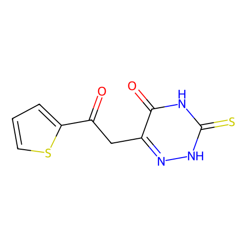 6-(2-oxo-2-(2-thienyl)ethyl)-3-sulfanyl-4H-1,2,4-triazin-5-one structure