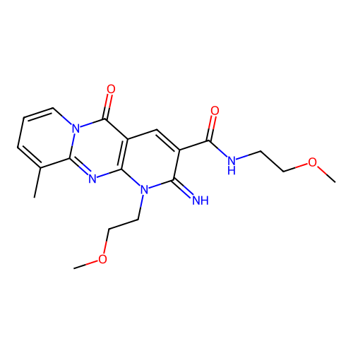 2-imino-N,1-bis(2-methoxyethyl)-10-methyl-5-oxo-2,5-dihydro-1H-dipyrido[1,2-a:2',3'-d]pyrimidine-3-carboxamide structure