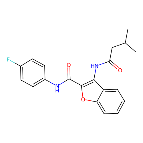 N-(4-fluorophenyl)-3-(3-methylbutanamido)-1-benzofuran-2-carboxamide structure