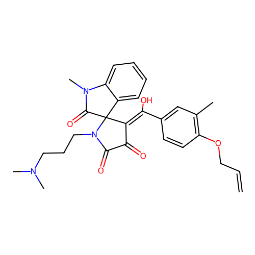 1'-[3-(dimethylamino)propyl]-4'-[hydroxy-(3-methyl-4-prop-2-enoxyphenyl)methylidene]-1-methylspiro[indole-3,5'-pyrrolidine]-2,2',3'-trione structure