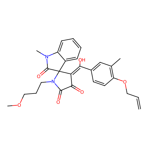4'-[hydroxy-(3-methyl-4-prop-2-enoxyphenyl)methylidene]-1'-(3-methoxypropyl)-1-methylspiro[indole-3,5'-pyrrolidine]-2,2',3'-trione structure