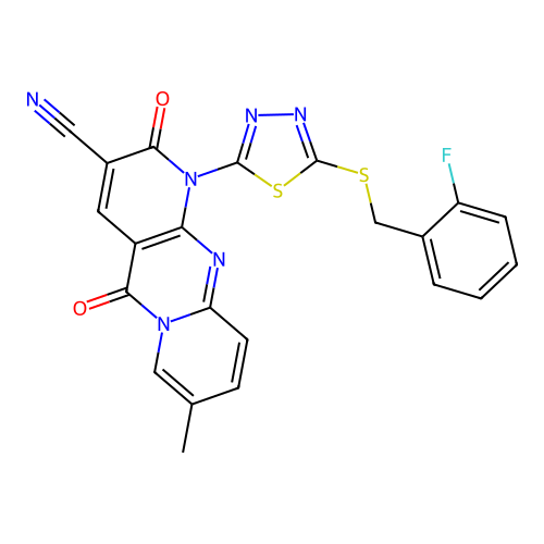 1-(5-((2-fluorobenzyl)thio)-1,3,4-thiadiazol-2-yl)-8-methyl-2,5-dioxo-2,5-dihydro-1H-dipyrido[1,2-a:2',3'-d]pyrimidine-3-carbonitrile structure