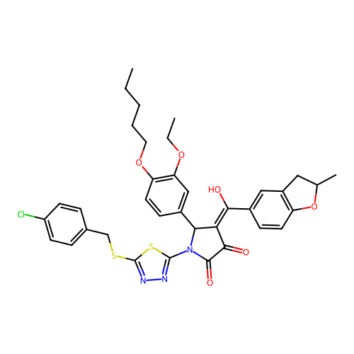 1-(5-{[(4-chlorophenyl)methyl]sulfanyl}-1,3,4-thiadiazol-2-yl)-5-[3-ethoxy-4-(pentyloxy)phenyl]-3-hydroxy-4-(2-methyl-2,3-dihydro-1-benzofuran-5-carbonyl)-2,5-dihydro-1H-pyrrol-2-one structure
